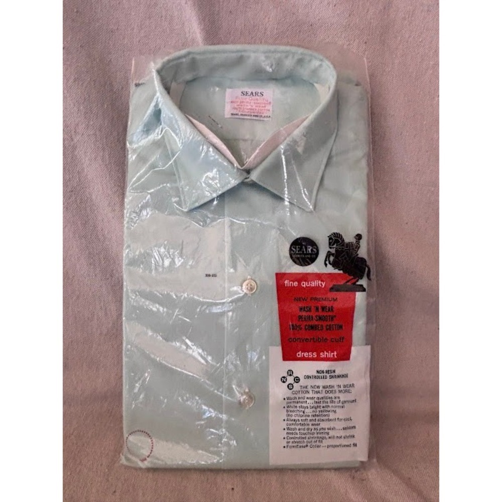 Vintage Sears Fine Quality Dress Shirt New Premium Wash 'N Wear Mint Green Small
